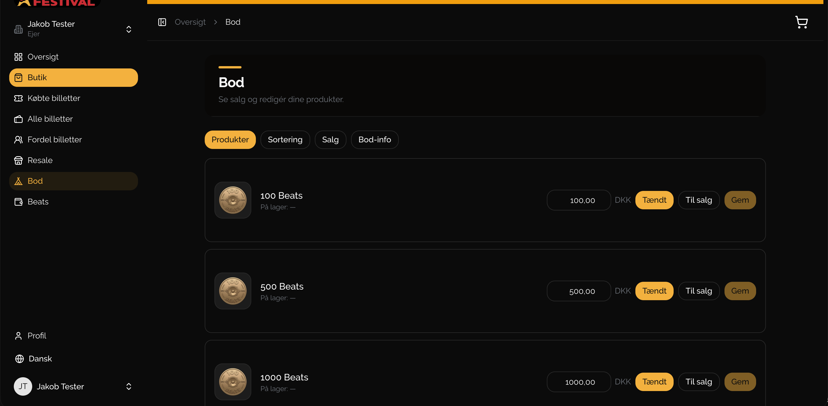 Bod-menuen i webticket: produkter, priser, tænd/sluk og til salg.