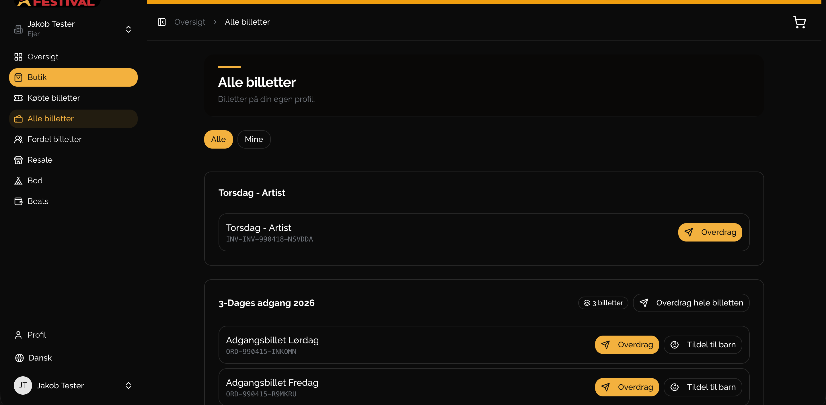 Gæstens egne billetter med Overdrag og Tildel til barn.