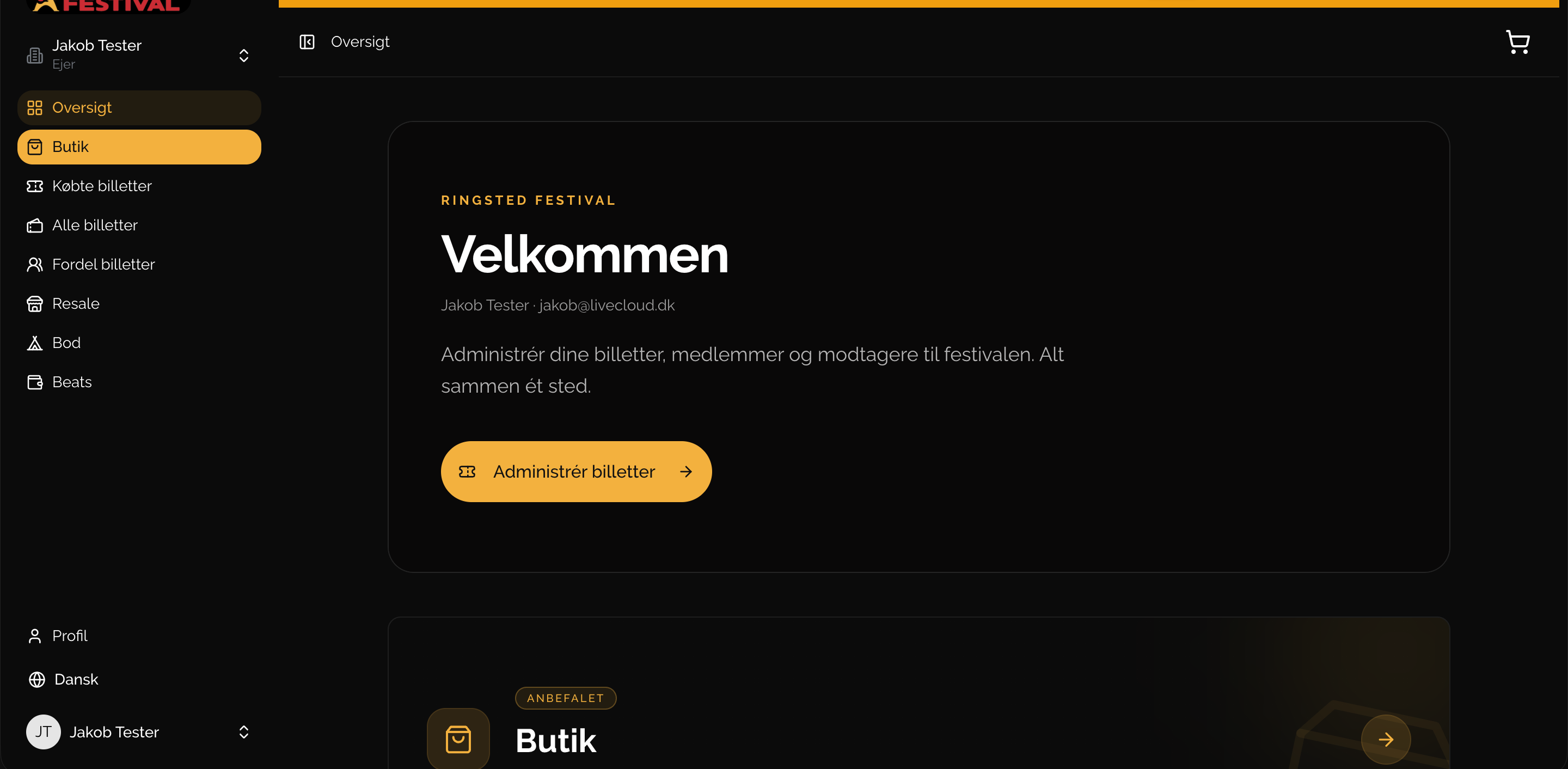 Webticket som gæsten møder den: produkter og overblik, før man logger ind.